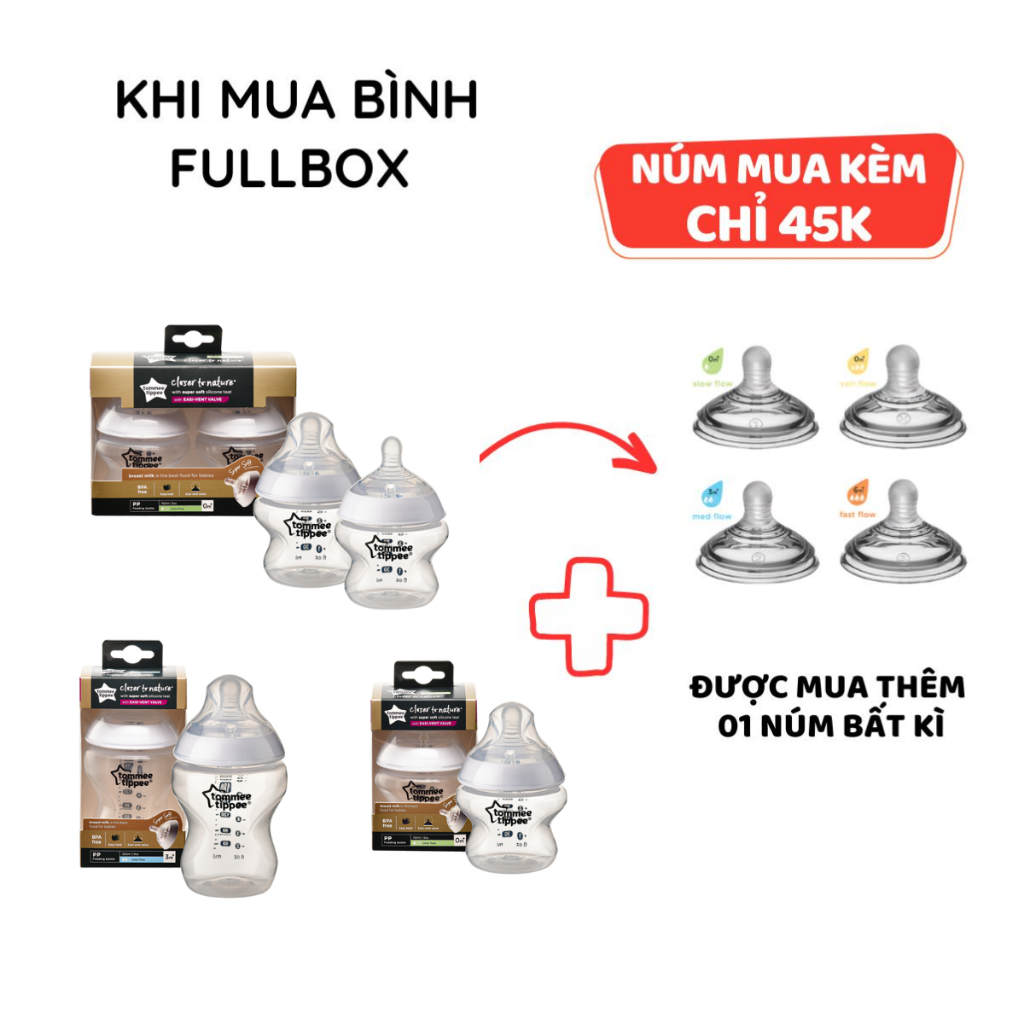 Bình Sữa PP Ty Siêu Mềm Tự Nhiên Tommee Tippee 150ml, 260ml, 340ml, Set Đôi, Nhiều Size, Được Mua Kèm Thêm 01 Núm Ty