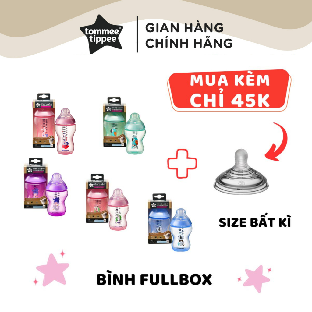 Bình Sữa PP Họa Tiết Ty Siêu Mềm Tự Nhiên Tommee Tippee 260ml, 340ml, Nhiều Size Cho Bé, Được Mua Kèm Thêm 01 Núm