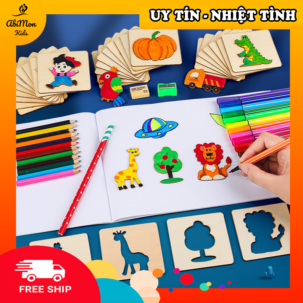 🌻 Đồ Chơi Vẽ Hình Theo Khuôn Gỗ Cho Bé (đầy đủ phụ kiện) ☘️ Montessori