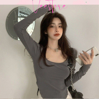 Áo thun croptop nữ cổ vuông vạt đuôi tôm, Áo kiểu nữ dáng ngắn dài tay form ôm body tôn da tôn dáng Veestore