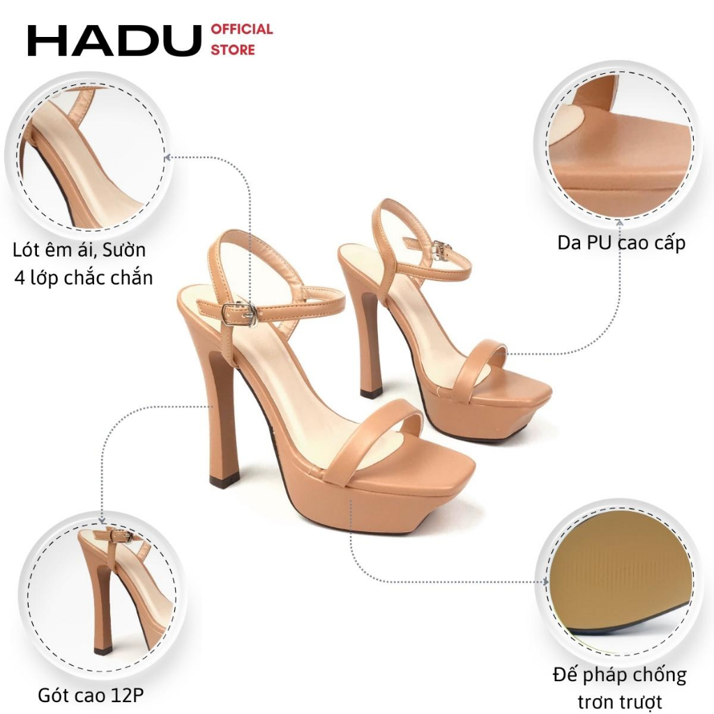 Giày Sandal Đúp Cao Gót Đế Vuông 12P Quai Ngang HADU G128, Đúp Trước 3P, BH 24 Tháng