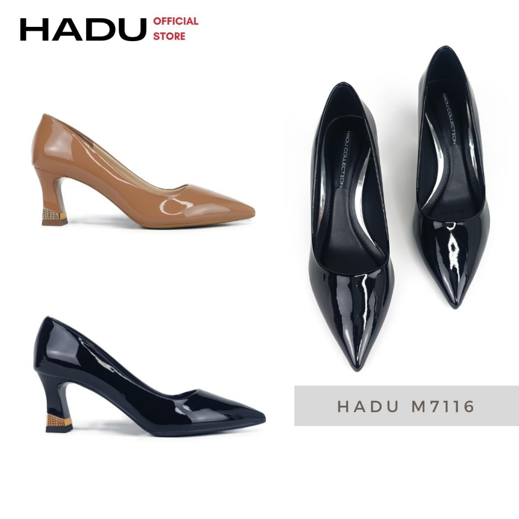 Giày Cao Gót Công Sở 7P Bít Mũi Da Bóng Gót Đồng Than HADU M7116, BH 24 Tháng