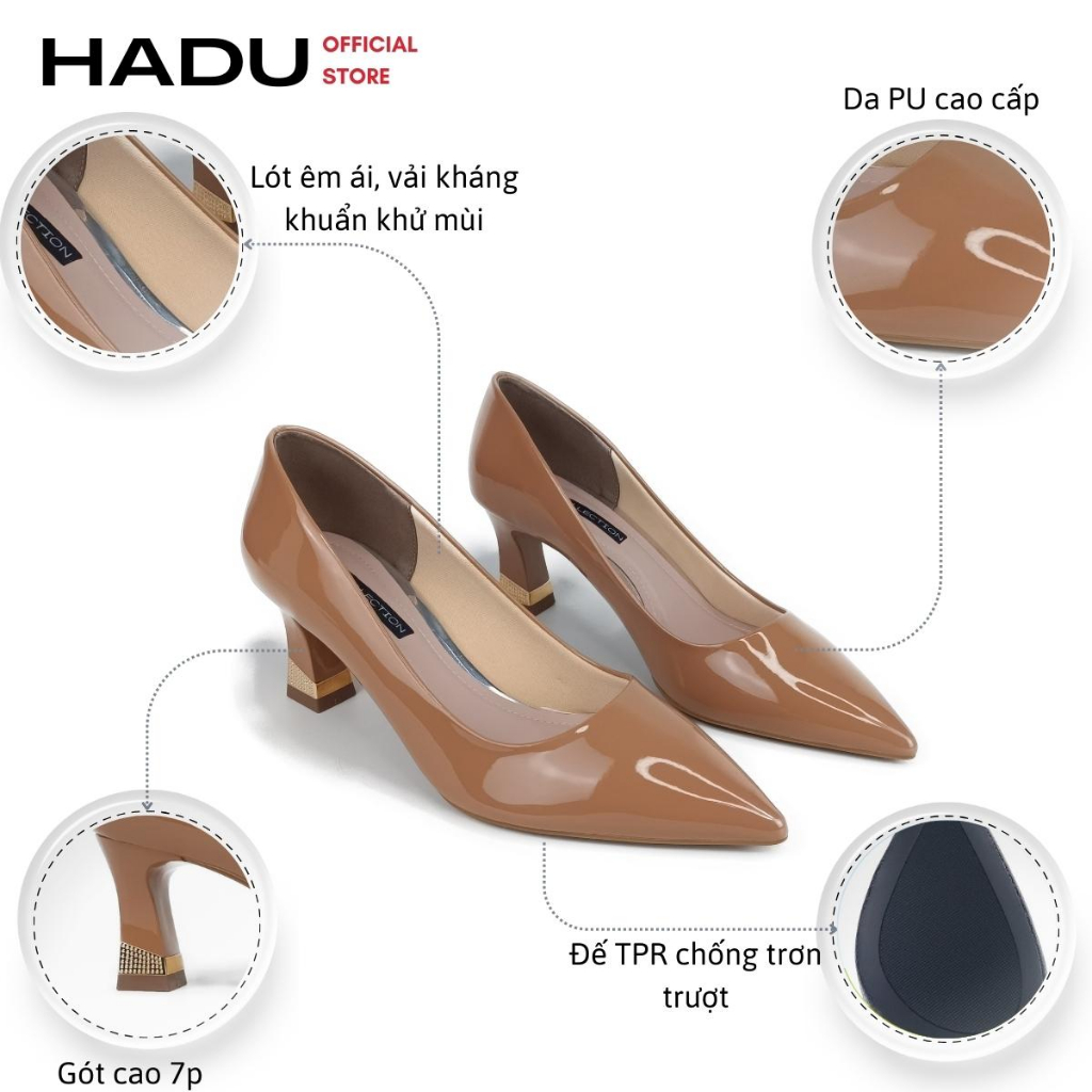 Giày Cao Gót Công Sở 7P Bít Mũi Da Bóng Gót Đồng Than HADU M7116, BH 24 Tháng