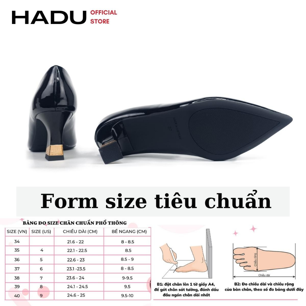 Giày Cao Gót Công Sở 7P Bít Mũi Da Bóng Gót Đồng Than HADU M7116, BH 24 Tháng