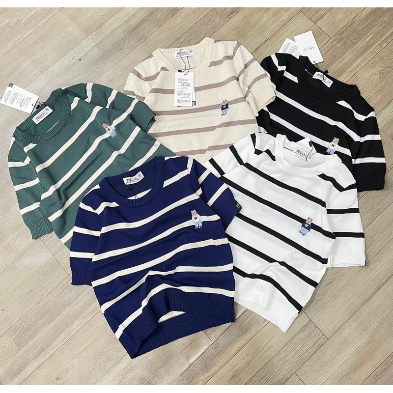 Áo croptop len sọc dệt kim thêu gấu Whoau