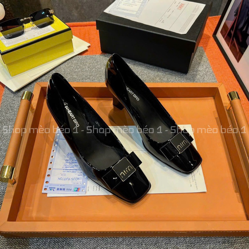 Giày cao gót nơ miu ngang da bóng mũi vuông gót trụ fullbox hàng quảng châu cao cấp