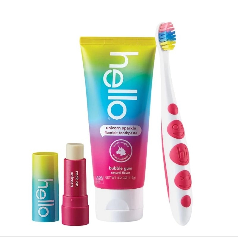 Bộ 3 Hello Cầu Vồng Kỳ Lân vị kẹo GUM, bàn chải đánh răng, kem đánh răng cầu vồng 4.2Oz, dưỡng môi thuần chay 0.15Oz