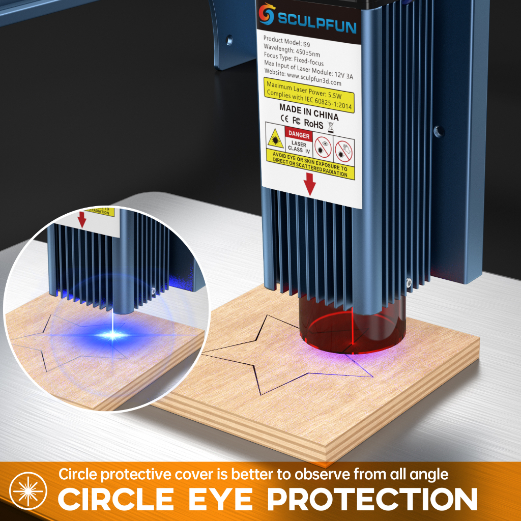 Máy khắc laser mini 410*420mm，máy khắc laser kim loại SCULPFUN S9 90W -Lấy nét laser siêu mịn 0.06mm