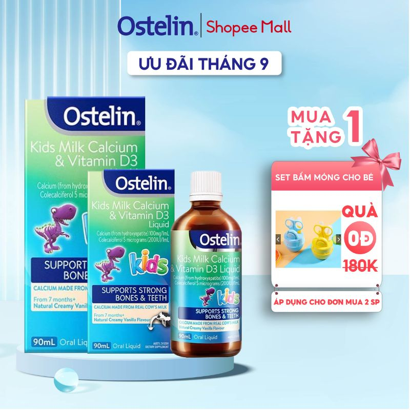 Combo 2 Siro bổ sung canxi cho bé trên 7 tháng tuổi Ostelin Kids Milk Calcium & Vitamin D3 Liquid 90ml của Úc