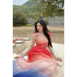 VÁY MAXI PHỐI MÀU LOANG 2 DÂY ĐÍNH LÁ RƠI 080923