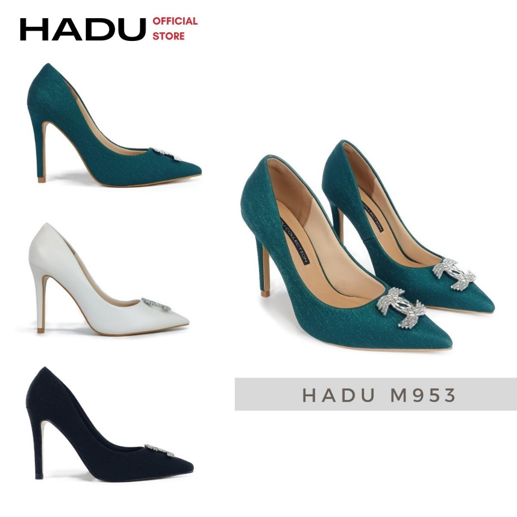 Giày Cao Gót 9P Mũi Nhọn Khóa CELL Đính Đá HADU M953, Da PU Cao Cấp, BH 24 Tháng