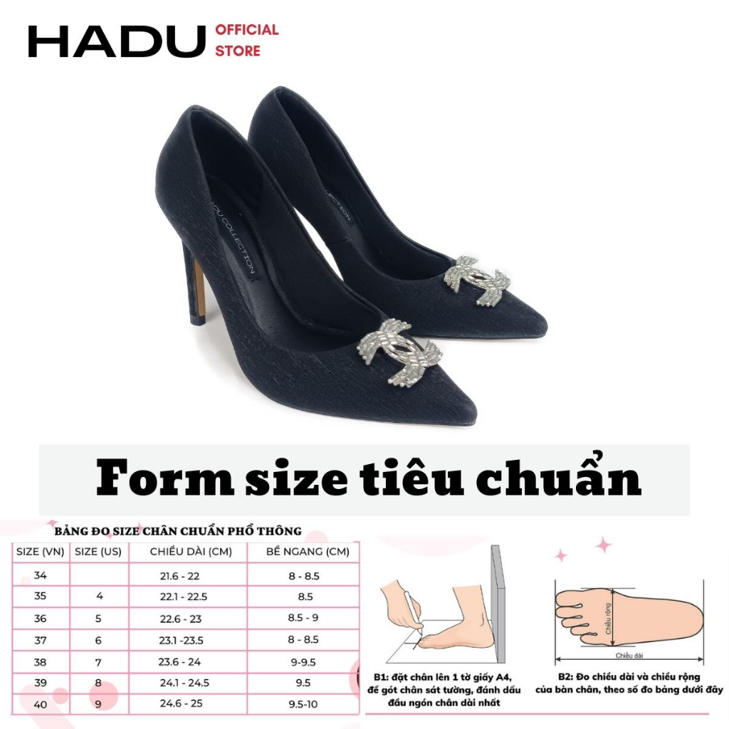 Giày Cao Gót 9P Mũi Nhọn Khóa CELL Đính Đá HADU M953, Da PU Cao Cấp, BH 24 Tháng