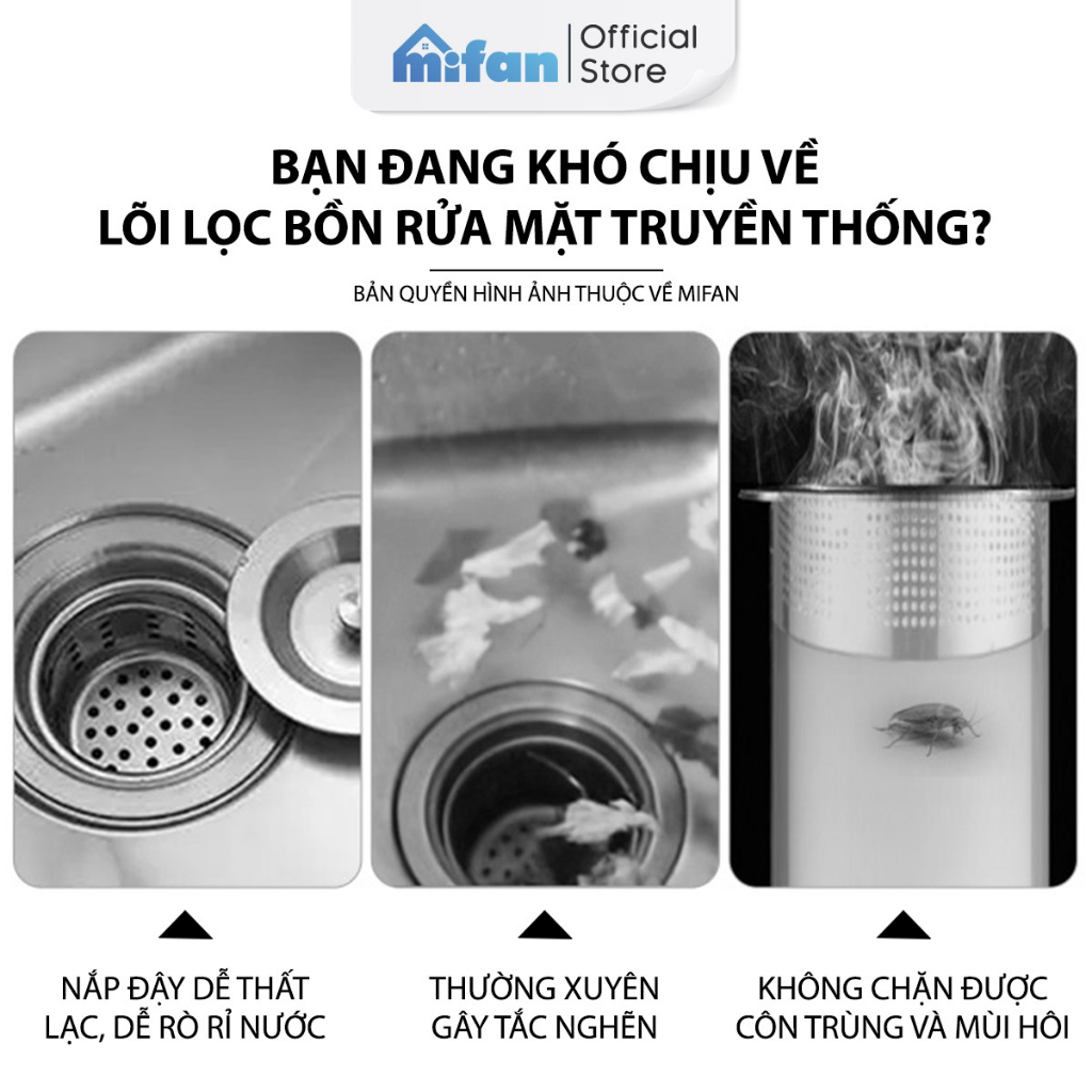 Bộ Lọc Rác Bồn Rửa Bát Inox 304 3 in 1 Mifan - Ngăn mùi hôi côn trùng, Nút chặn thoát nước, Khay giỏ lọc thức ăn thừa