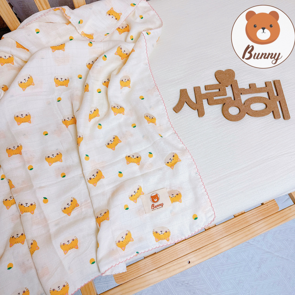 Khăn tắm cho bé KidAndMom Bunny vải xô Muslin sợi tre 2 lớp, 4 lớp đa năng cho bé kích thước 90 x100cm