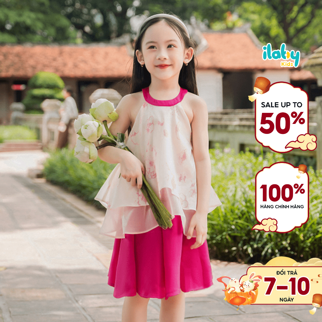 Set yếm trung thu bé gái ILABY cổ yếm phối tơ chân váy lụa cao cấp cho bé 10-34kg [52IGI3FT1981]