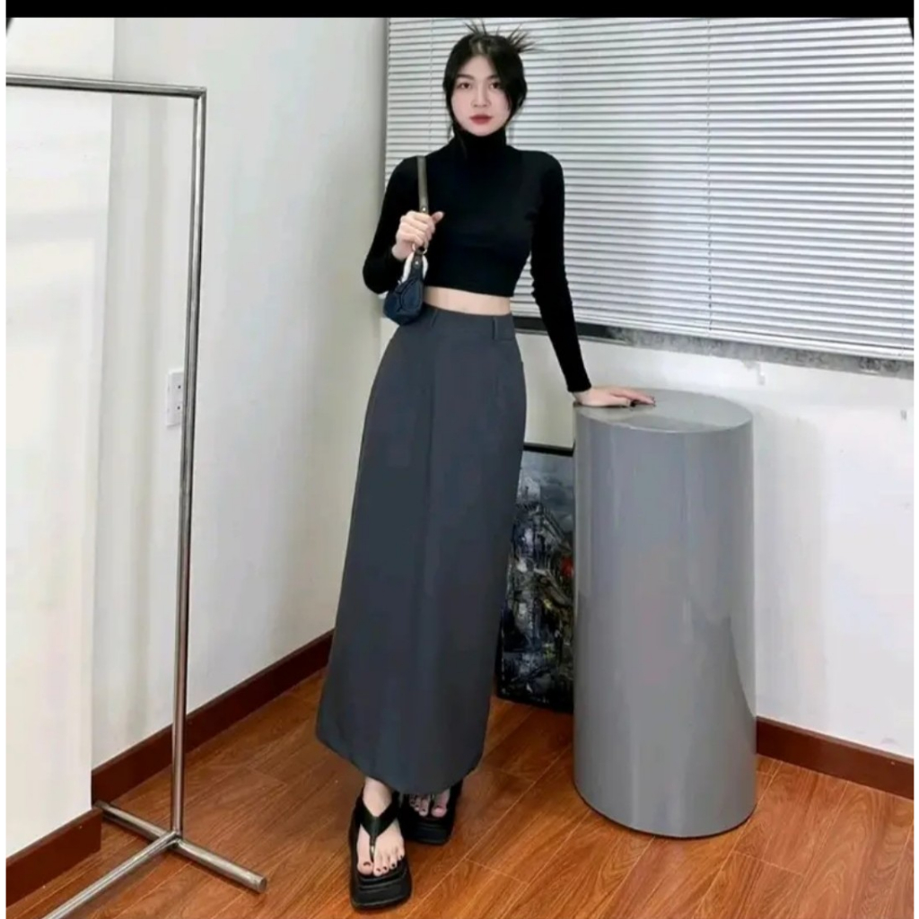Chân Váy Dáng A Nhẹ Dài 90cm Sẻ Sau Kèm Túi Có Đỉa tôn dáng hack chiều cao