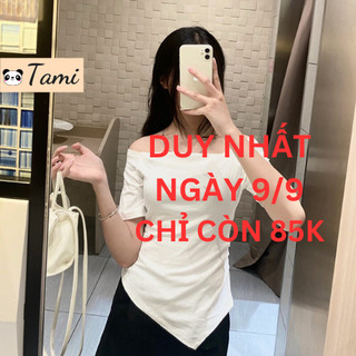 Áo trễ vai nhún eo chất thun zip cộc tay vạt chéo