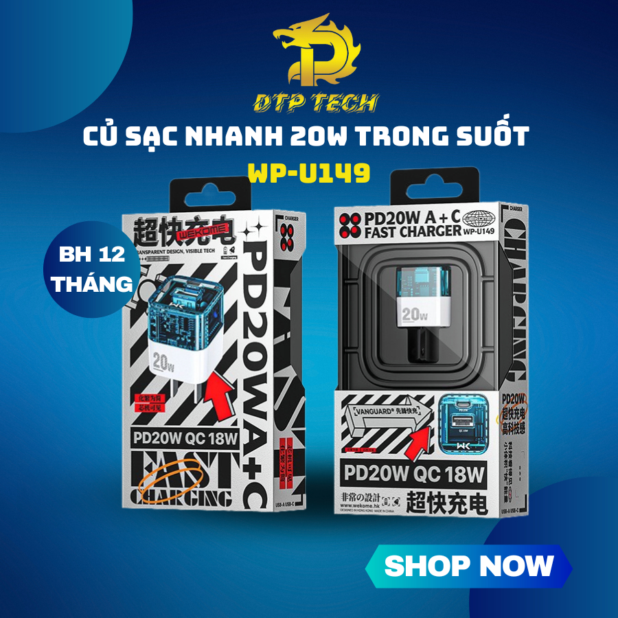 Củ sạc nhanh 20w trong suốt Wekome WK WP-U149 2 cổng sạc USB/TYPE C hỗ trợ sạc nhanh BH 12 tháng