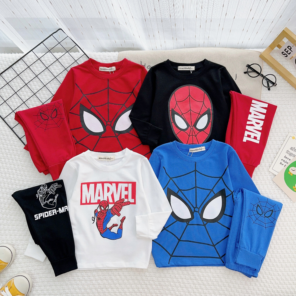 Đồ Bộ Cho Bé Trai KIMCHIBABY Vải Cotton 4C Hoạ Tiết Siêu Nhân Người Nhện, Bộ Dài Tay Cho Bé Mặc Thu Đông KCTD311