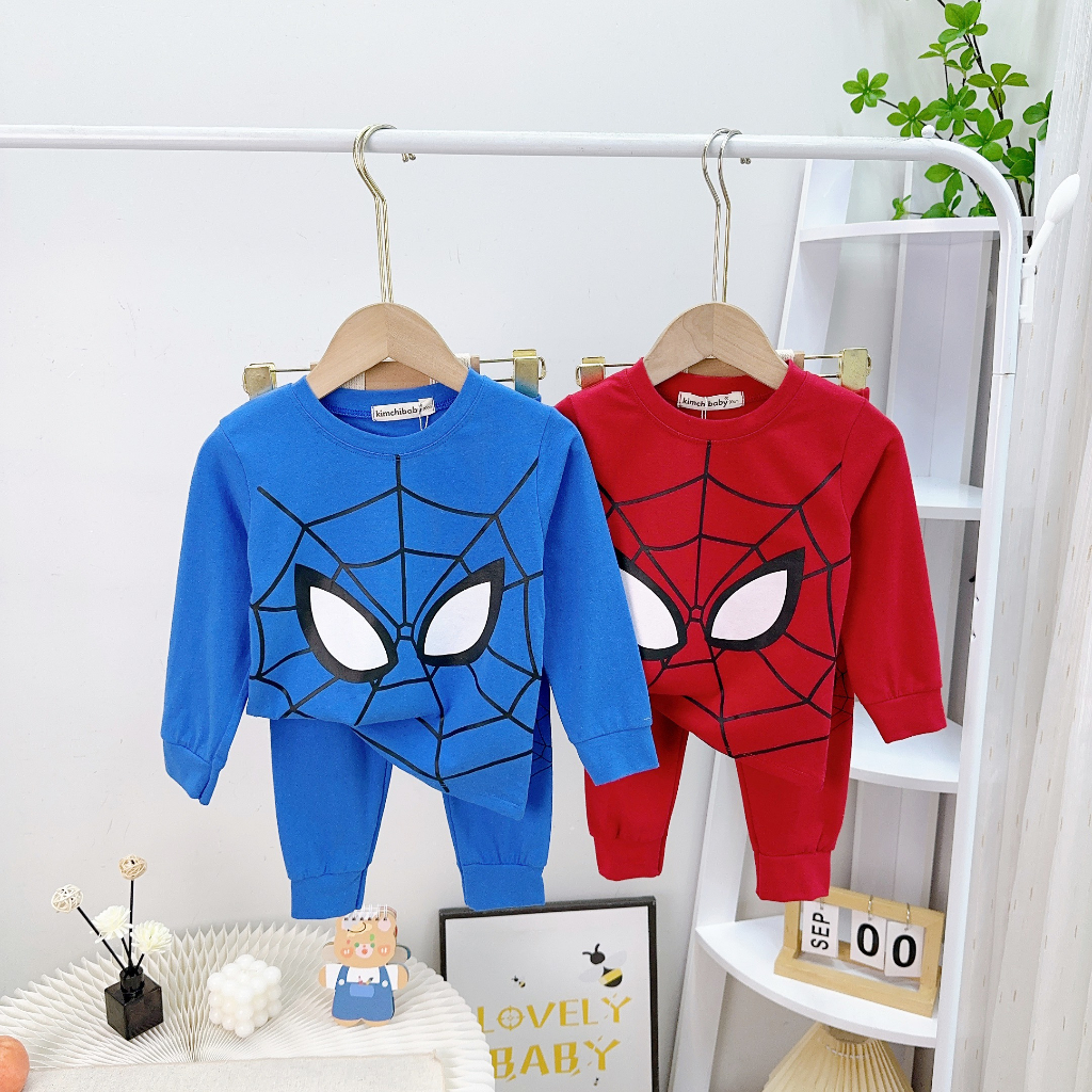 Đồ Bộ Cho Bé Trai KIMCHIBABY Vải Cotton 4C Hoạ Tiết Siêu Nhân Người Nhện, Bộ Dài Tay Cho Bé Mặc Thu Đông KCTD311