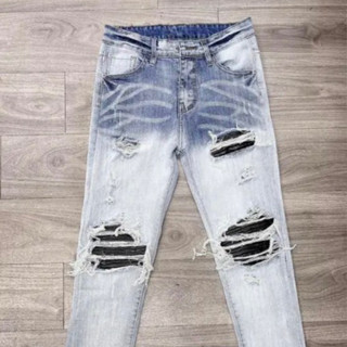 quần bò jean nam dài xanh { XEM VIDEO THẬT } rách gối vá da kiểu màu xanh trắng,chất jean denim co giãn tôn dáng cao cấp