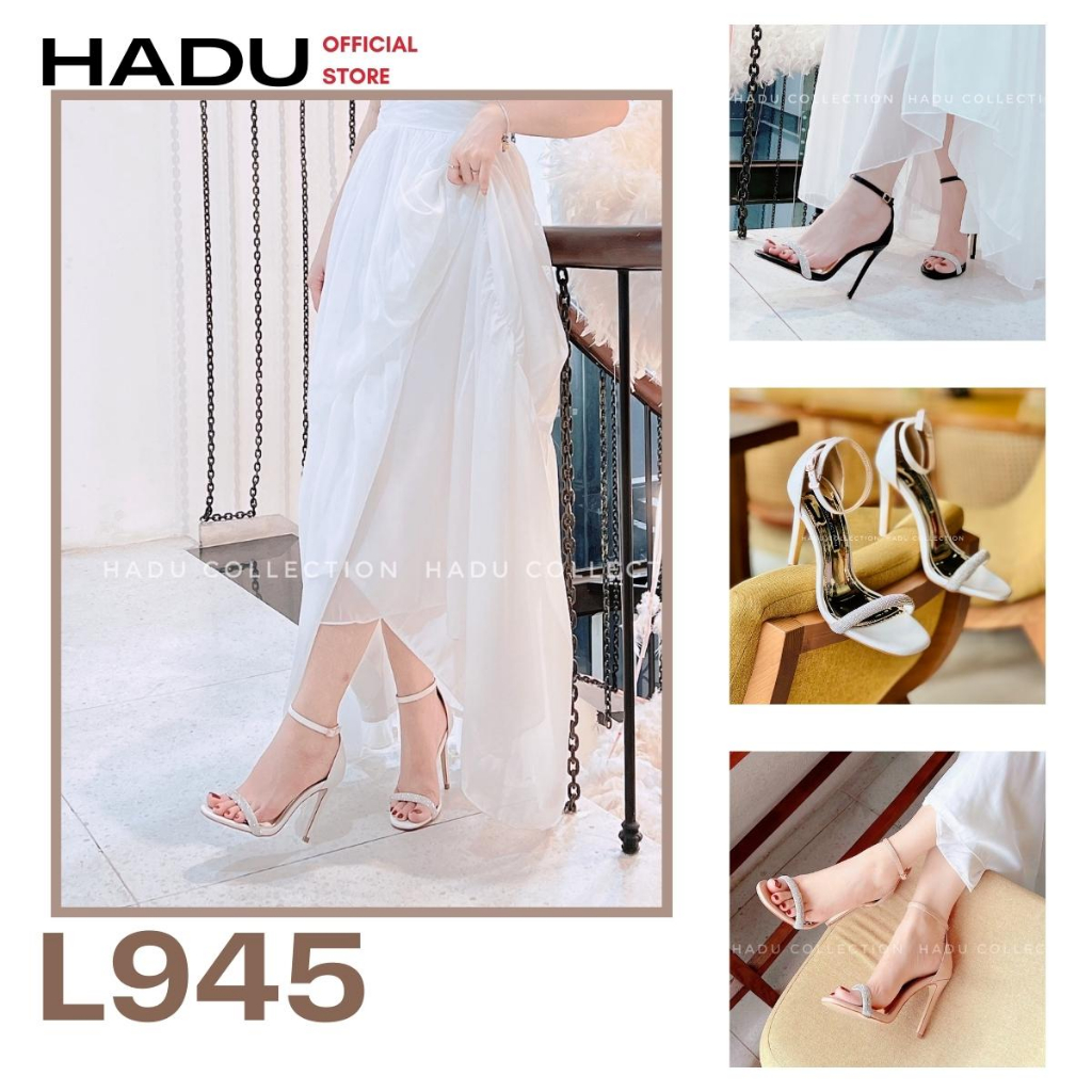 Giày Sandal Cao Gót 10P Quai Ngang Đính Đá Asley Luxurios HADU L945, Hàng Cao Cấp BH 24 Tháng