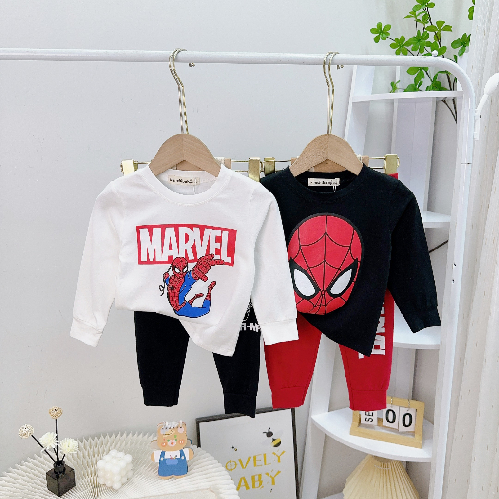 Đồ Bộ Cho Bé Trai KIMCHIBABY Vải Cotton 4C Hoạ Tiết Siêu Nhân Người Nhện, Bộ Dài Tay Cho Bé Mặc Thu Đông KCTD311