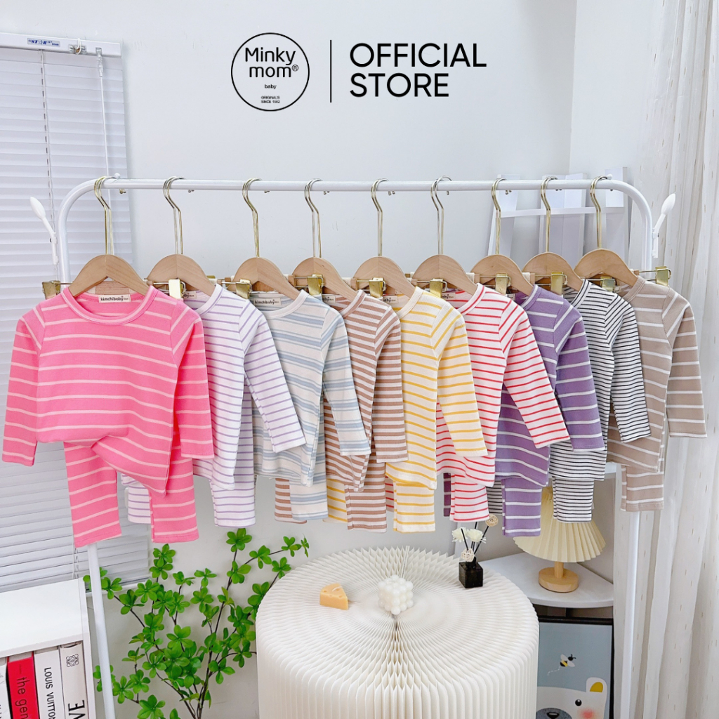 Đồ Bộ Cho Bé Trai, Bé Gái KIMCHIBABY Vải Thun Gân Tăm Hoạ Tiết Kẻ Ngang, Bộ Dài Tay Cho Bé Mặc Thu Đông KCTD310