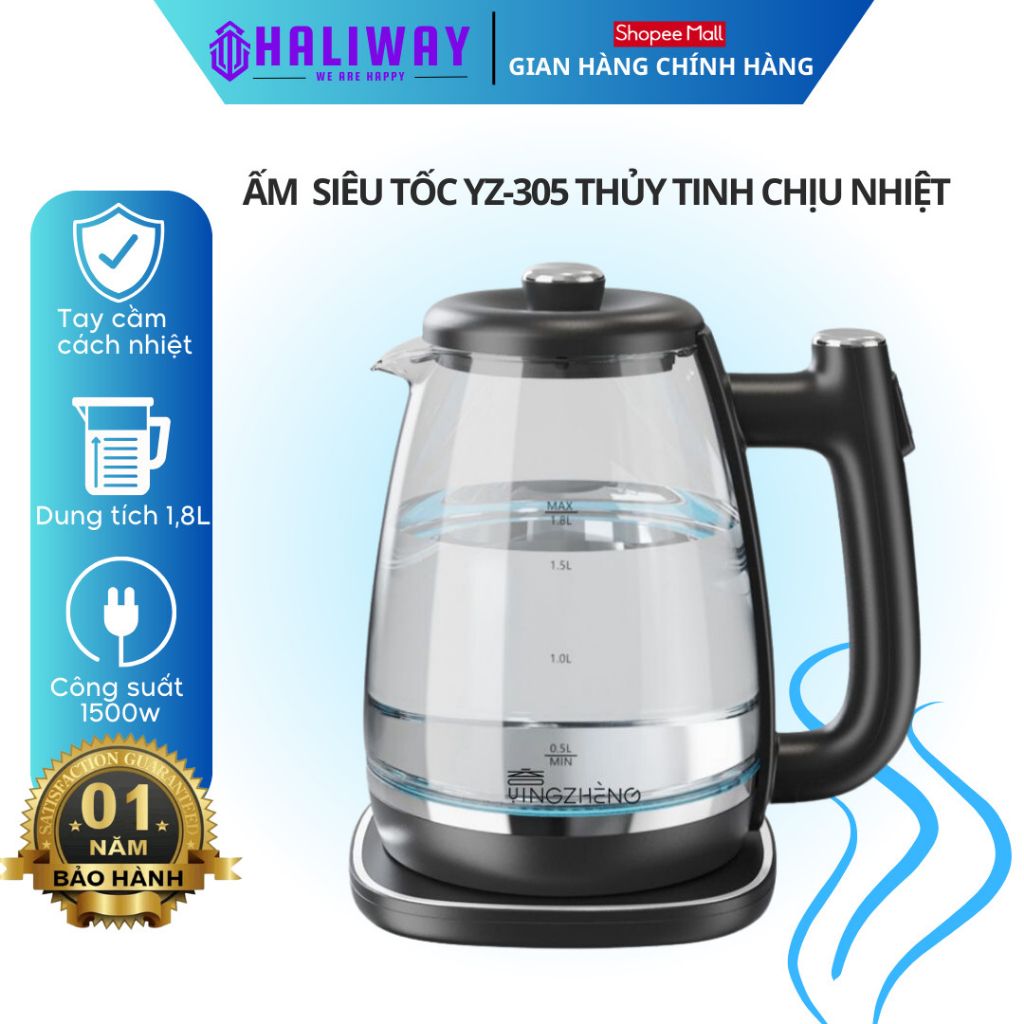 Ấm Siêu Tốc HALIWAY Thủy Tinh Cao Cấp 2.0L Yingzheng Công Suất 1500w AN1