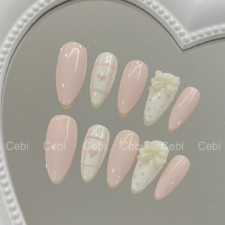  Nailbox thủ công c907 hồng pastel vẽ trái tim đính nơ cebi.nailbox 