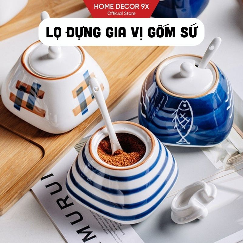 Lọ Đựng Gia Vị Chất Liệu Gốm Sứ, Hũ Đựng Gia Vị Có Nắp Tặng Kèm Muỗng Thìa 300ml