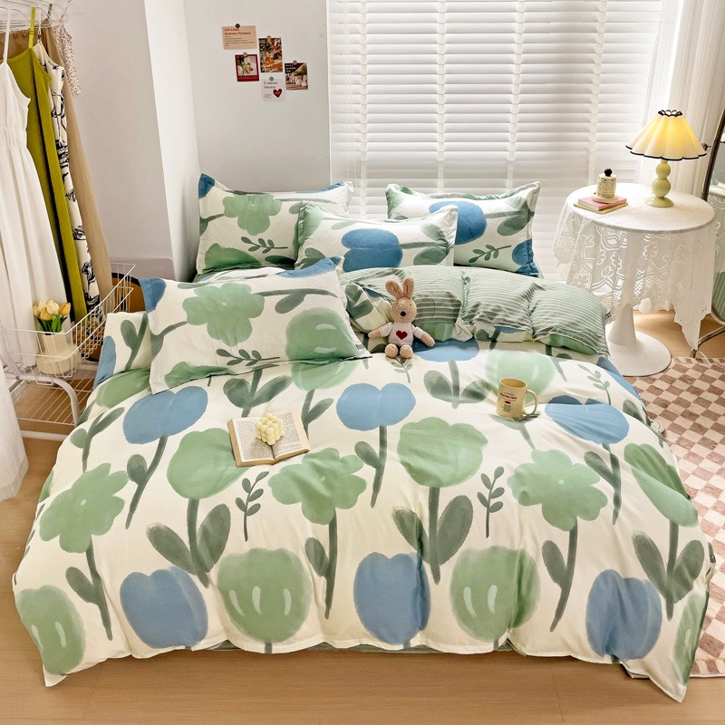 Bộ vỏ chăn ga gối cotton poly Lidaco decor phòng ngủ vintage - Tulip xanh (SP001489)
