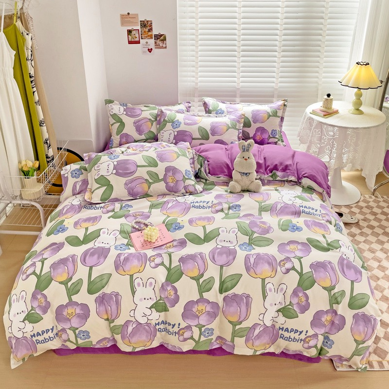 Bộ vỏ chăn ga gối cotton poly Lidaco decor phòng ngủ vintage - Thỏ hoa tím (SP001490)
