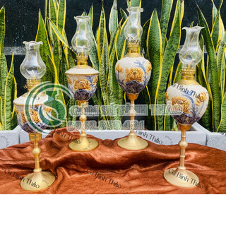 Đèn thờ - đèn dầu chân đồng - gốm sứ men rạn bát tràng