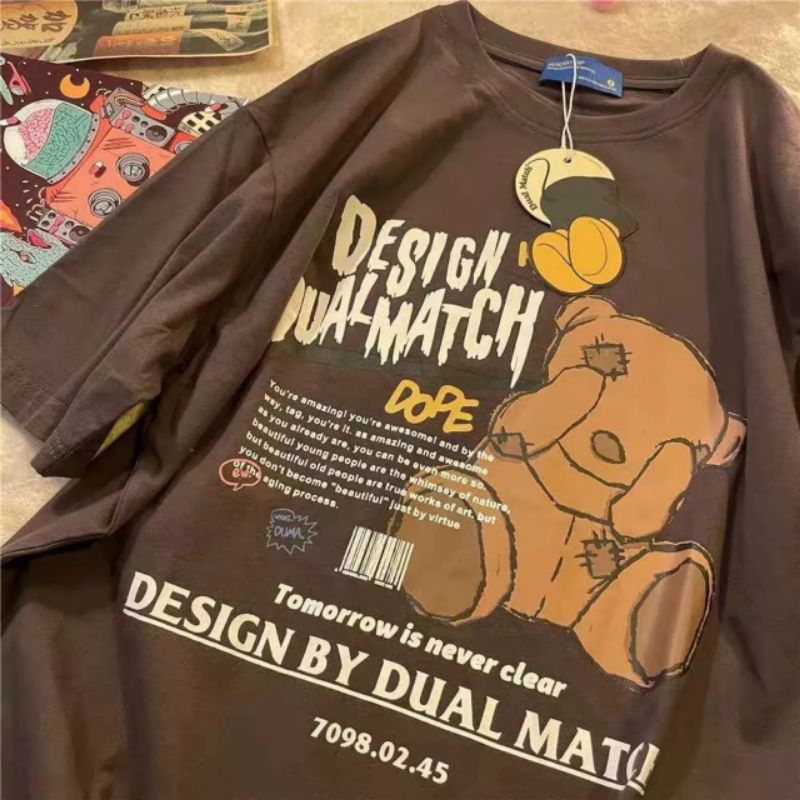 Áo phông gấu design chất cotton su form rộng túi zip