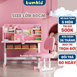 Bộ Bàn học cho bé có giá sách E01, Bàn học sinh chống gù cao cấp BumKid, Size 80cm tặng kèm đèn led, giá đỡ cằm