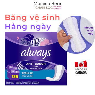 Băng vệ sinh hằng ngày Always Anti-bunch, không cánh, quần đáy rộng, ngăn mùi, hàng Mỹ - Momma Bear