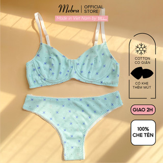  Bộ đồ lót nữ cotton áo có gọng quần lót nửa mông trẻ trung tổ ong xanh hoa nhí tươi mới Mebra