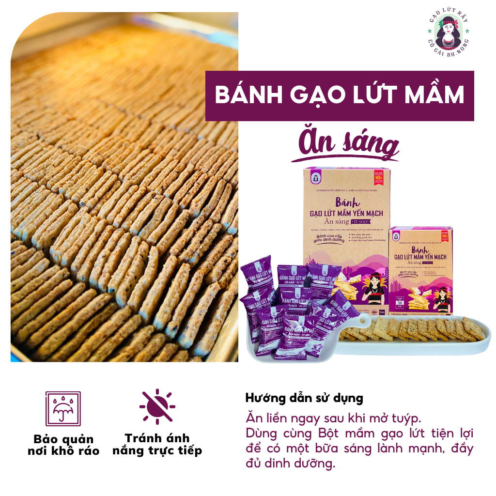 Bánh mầm gạo lứt ăn sáng BH.NONG, Ít ngọt, Ăn sáng, Ăn kiêng, Tập thể thao, Giàu dinh dưỡng, Hộp 150g, 300g