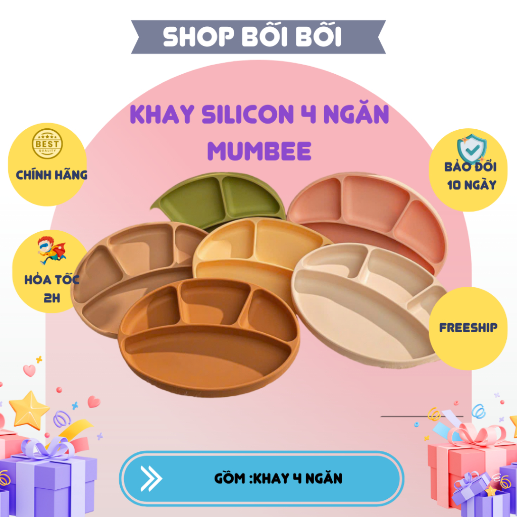 KHAY ĂN DẶM SILICON 4 NGĂN CHÔNG LẬT