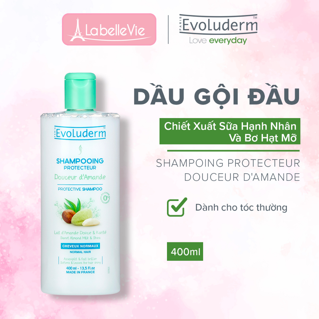 Dầu gội dành cho tóc thường Evoluderm chiết xuất Sữa Hạnh Nhân và Bơ Hạt Mỡ 400ml