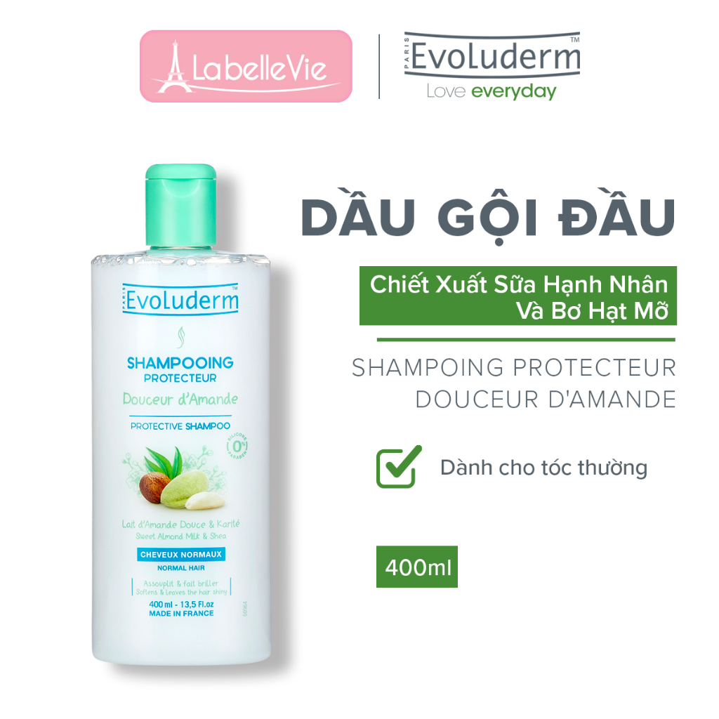 Dầu gội dành cho tóc thường Evoluderm chiết xuất Sữa Hạnh Nhân và Bơ Hạt Mỡ 400ml