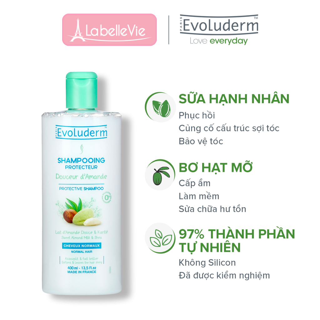 Dầu gội dành cho tóc thường Evoluderm chiết xuất Sữa Hạnh Nhân và Bơ Hạt Mỡ 400ml