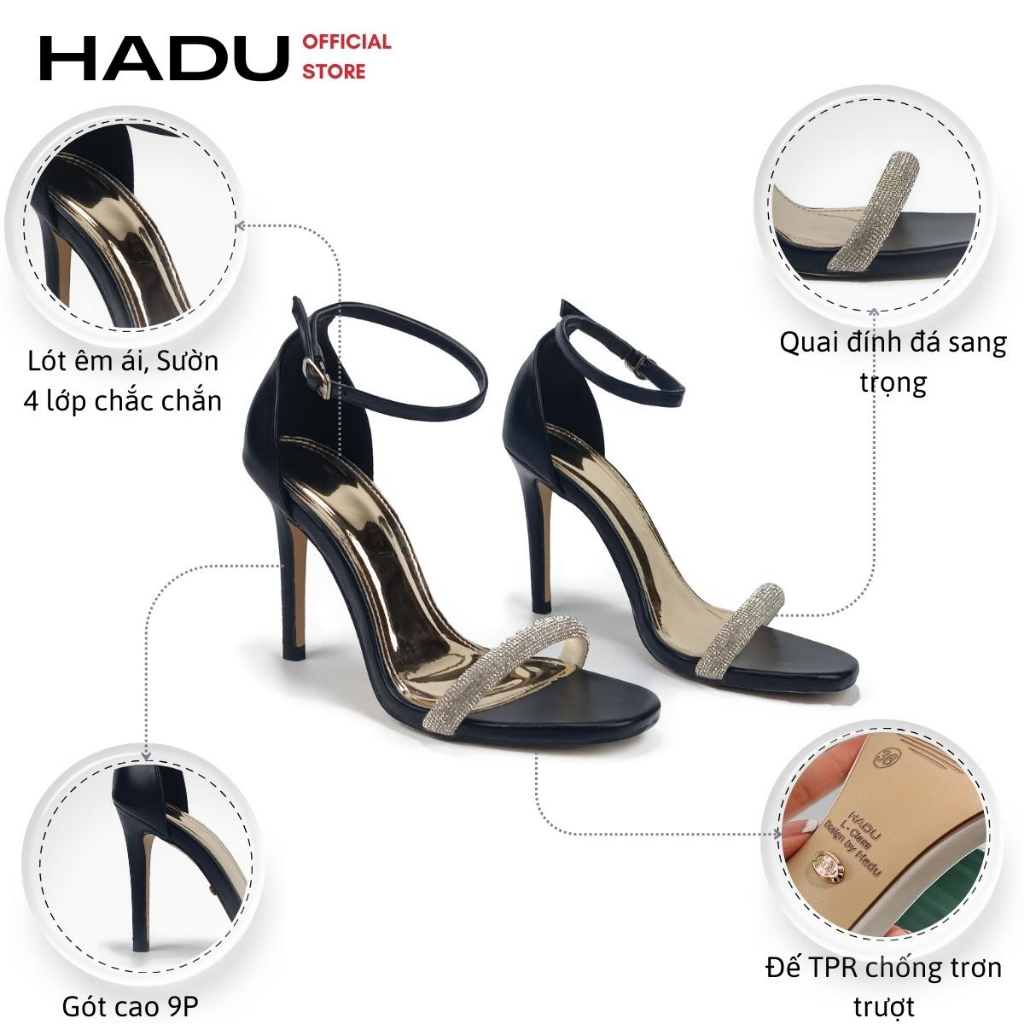 Giày Sandal Cao Gót 10P Quai Ngang Đính Đá Asley Luxurios HADU L945, Hàng Cao Cấp BH 24 Tháng