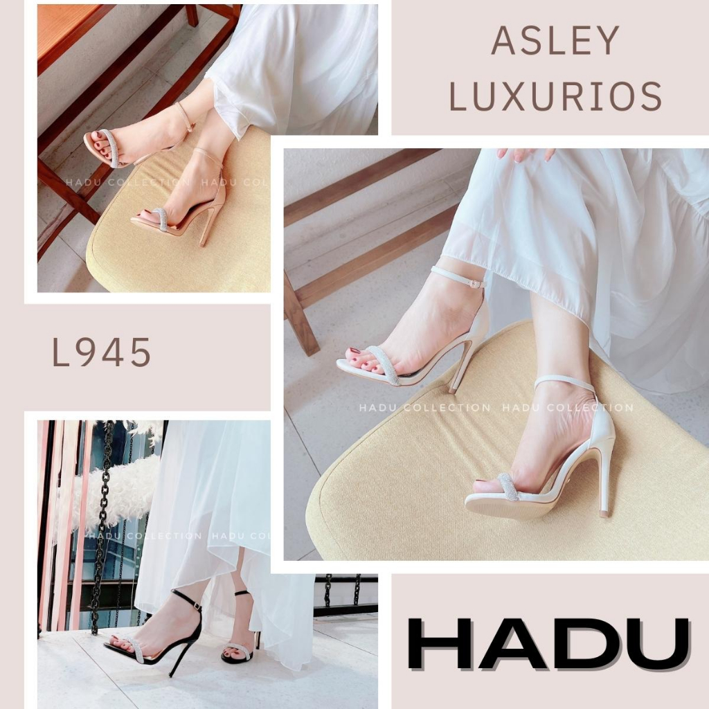 Giày Sandal Cao Gót 10P Quai Ngang Đính Đá Asley Luxurios HADU L945, Hàng Cao Cấp BH 24 Tháng