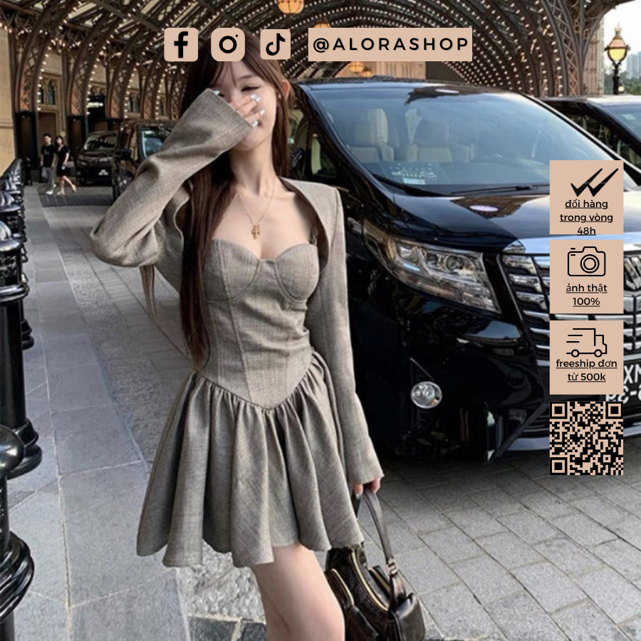 Set Váy 2 dây ghi dáng xòe kèm áo khoác dáng ngắn  thời trang nữ Alora
