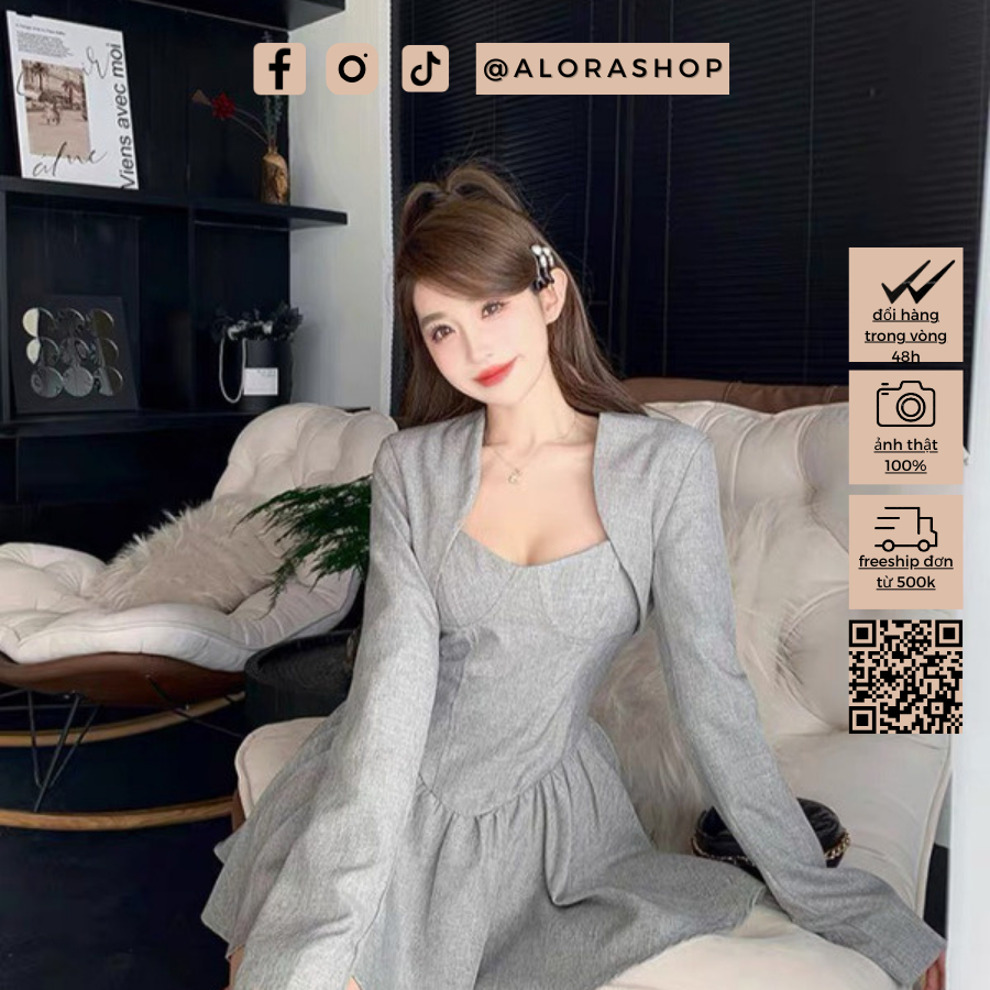Set Váy 2 dây ghi dáng xòe kèm áo khoác dáng ngắn  thời trang nữ Alora