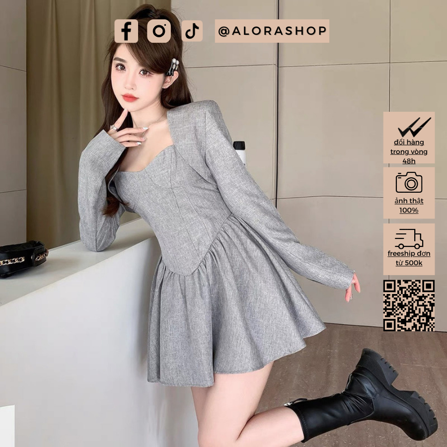 Set Váy 2 dây ghi dáng xòe kèm áo khoác dáng ngắn  thời trang nữ Alora