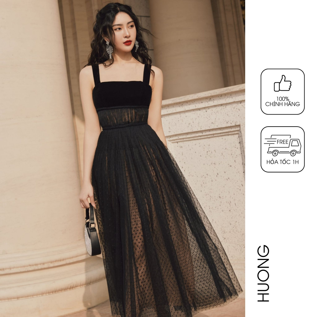 Đầm maxi ren đen HUONG BOUTIQUE HBLOVE349 chấm bi, phối nhung
