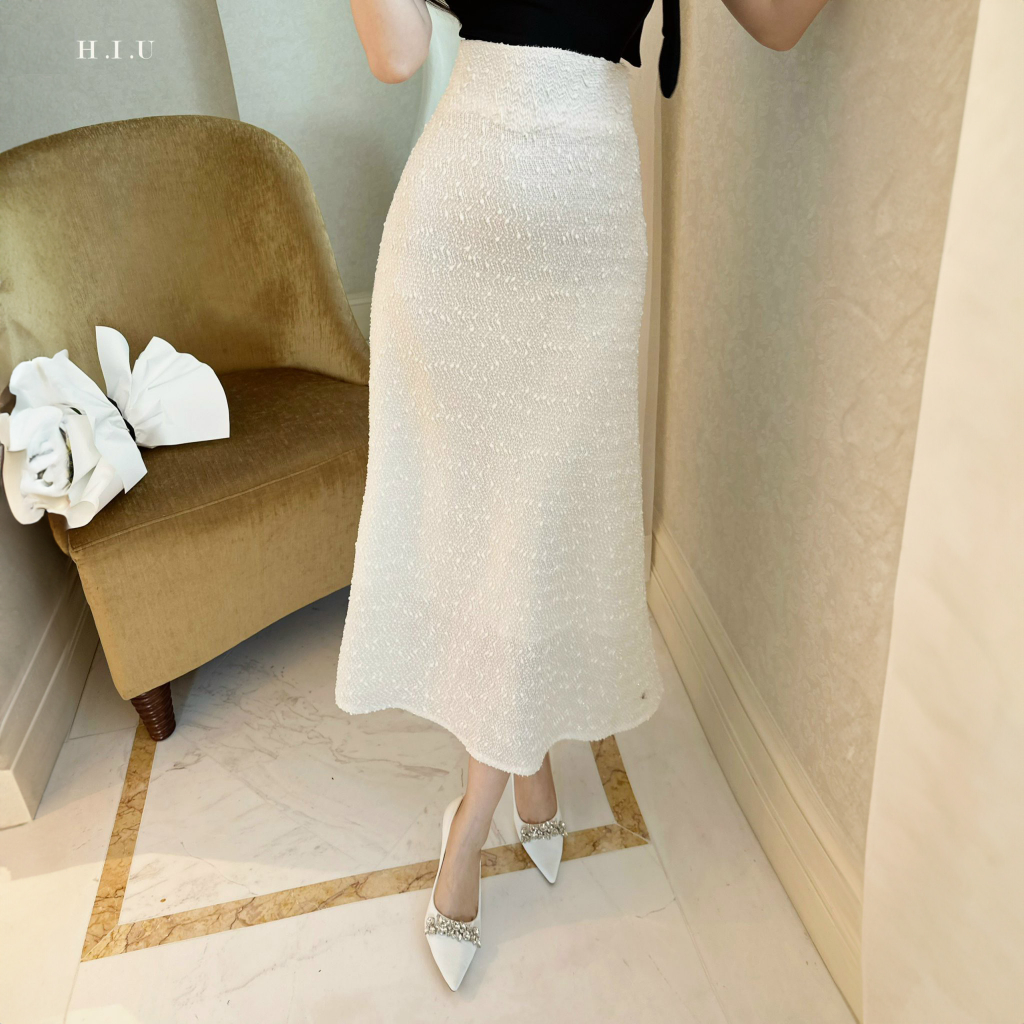 Chân váy nữ midi dạ tweed hàn Ones Skirt H.I.U Fashion , thiết kế tweed hàn vân nhũ chun mềm thanh lịch HIU design